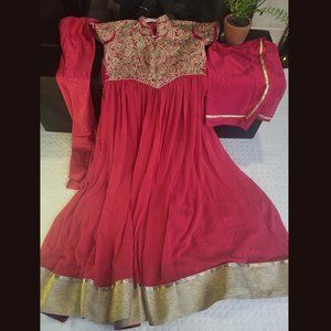 Gorgeous Hot Pink Free Flare Long Dress With Heavy Embroidery Work